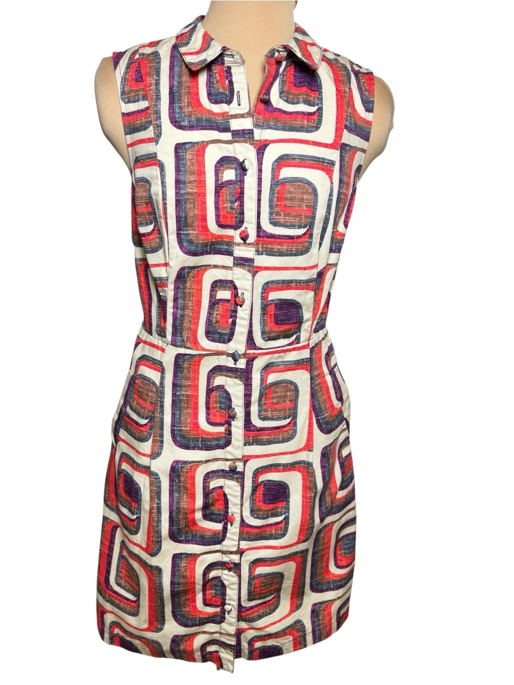 Boden Retro Geometric Shift Dress Sleeveless Pockets Mod Size 6